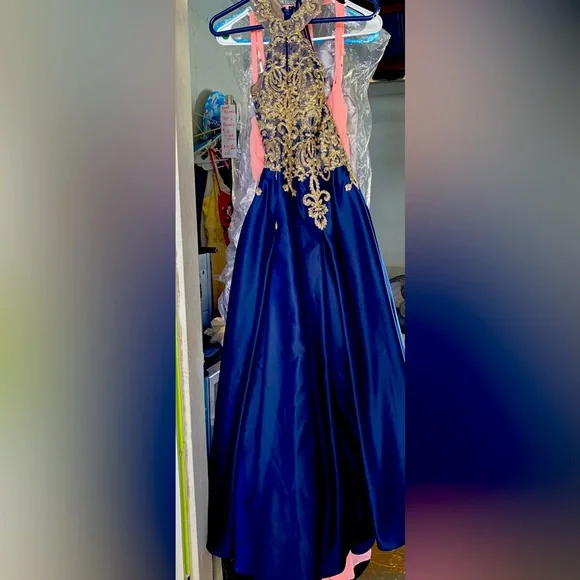slim fit dress slacks Gold-Beaded Long Navy Faviana Prom Dress main image 1